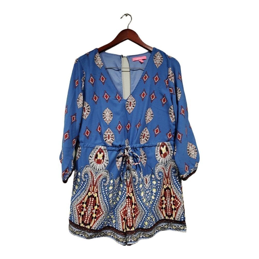 Xteran Women's 3/4 Roll Sleeve Blue Paisley Romper V-Neck Keyhole Back Sz L - Picture 1 of 12